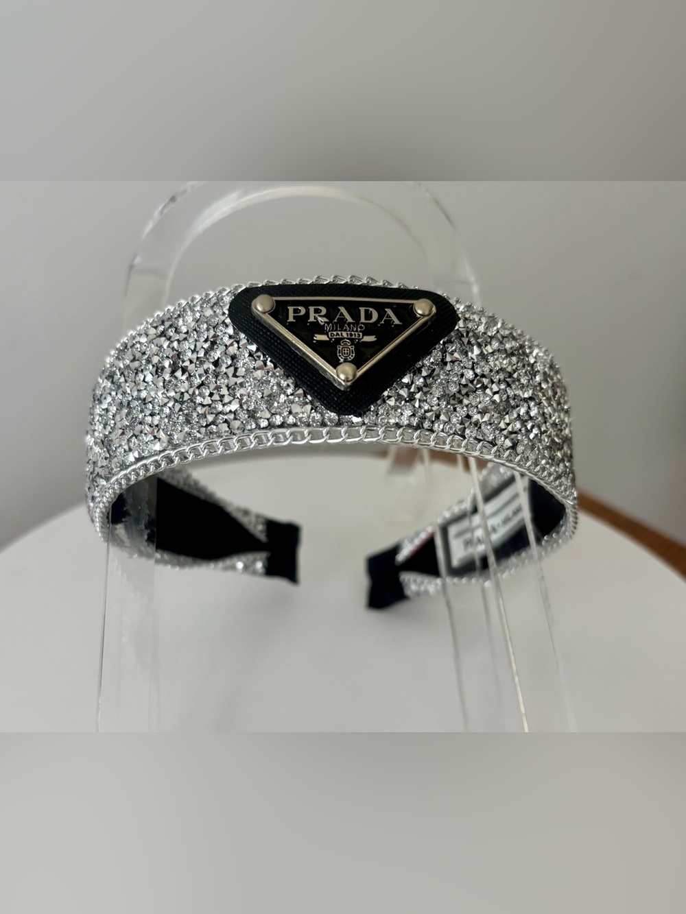 Sparkling Silver Crystal Embellished Prada Logo Headband